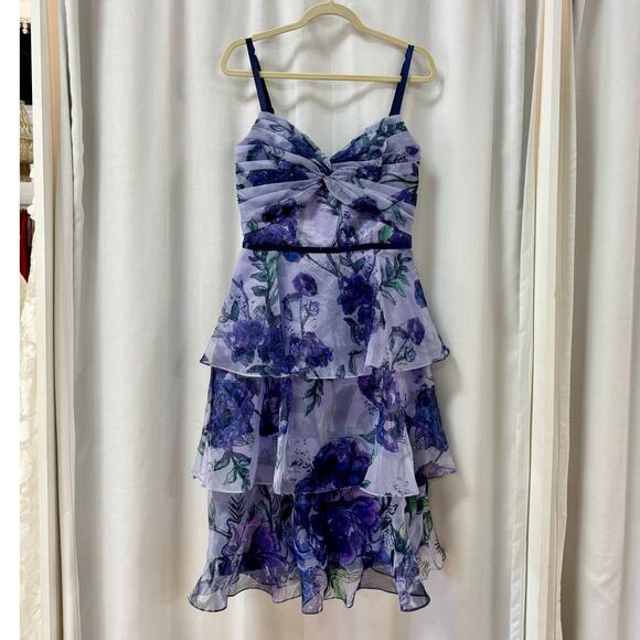 Marchesa Notte Floral Tiered Twist Front Tea Length Dress Organza Lilac US 4 - Picture 2 of 7